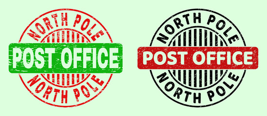 NORTH POLE POST OFFICE bicolor round imprints with distress style. Flat vector textured seal stamps with NORTH POLE POST OFFICE phrase inside circle, in red, black, green colors.