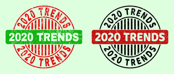 2020 TRENDS bicolor round watermarks with corroded texture. Flat vector scratched stamps using 2020 TRENDS phrase inside round shape, in red, black, green colors. Round bicolor stamps.
