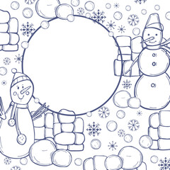  Snow fortress and snowmen.Vector frame.