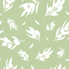 Seamless pattern of white olives branches on green background