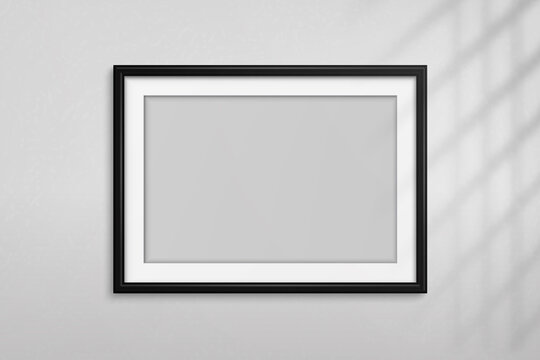 Mockup black frame photo. Shadow on wall. Mock up artwork picture framed. Horizontal boarder. Empty board a4 photoframe. Modern stylish 3d border. Design prints poster, blank, painting image. Vector