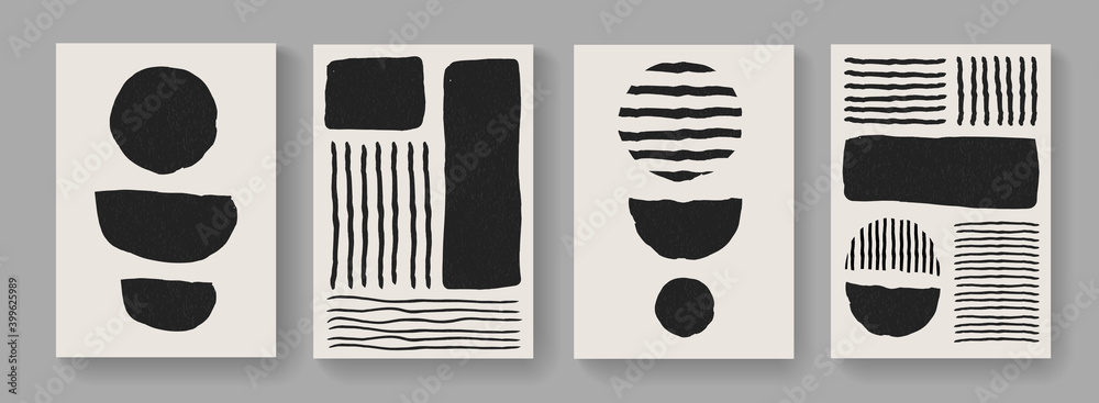 Wall mural Set of mid-century art compositions. Modern abstract poster elements vector design. Illustration for Postcards, Covers and Brochures.