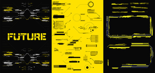 Abstract digital technology UI, UX Futuristic HUD, FUI, Virtual Interface. Callouts titles and frame in Sci- Fi style. Bar labels, info call box bars. Futuristic info boxes layout templates. - obrazy, fototapety, plakaty