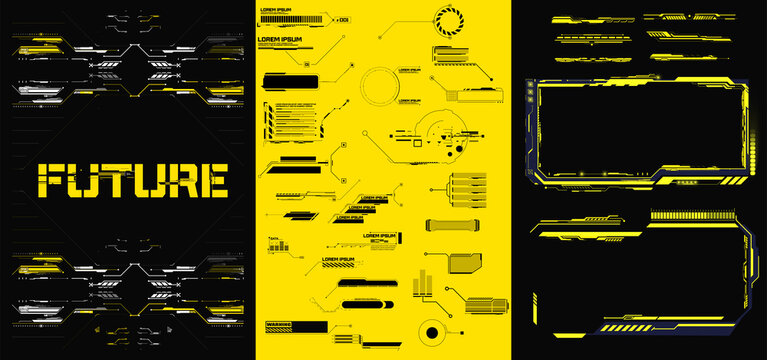 Abstract digital technology UI, UX Futuristic HUD, FUI, Virtual Interface. Callouts titles and frame in Sci- Fi style. Bar labels, info call box bars. Futuristic info boxes layout templates.