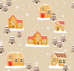 Christmas gingerbread houses with fir tree, snow cute hand drawn watercolor pattern.