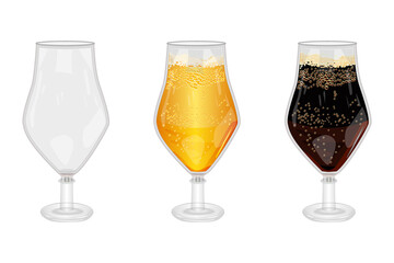 Set of full and empty beer glass isolated on white background. Empty, lager and dark beer glasses with bubbles.Three mugs of blank, light and porter beer.Patrick day or oktoberfest.Vector illustration