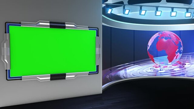 News Studio. Studio Background. Newsroom bakground. The perfect backdrop for any green screen or chroma key video production. Loop. 3D rendering.