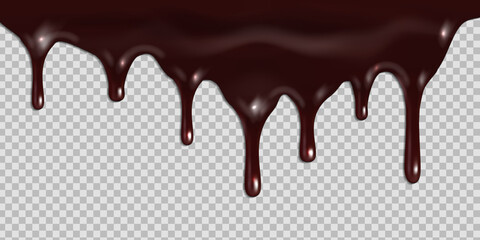Melted dark chocolate dripping isolated on transparent background. Vector 3d realistic illustration of liquid cocoa cream flowing. Pouring chocolate drip from cake top border design