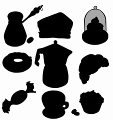 Teapots and mugs, coffee cups vector silhouette illustration. Vector illustration