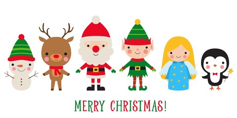 Cute Christmas characters - Santa, deer, snowman, elf, angel, penguin