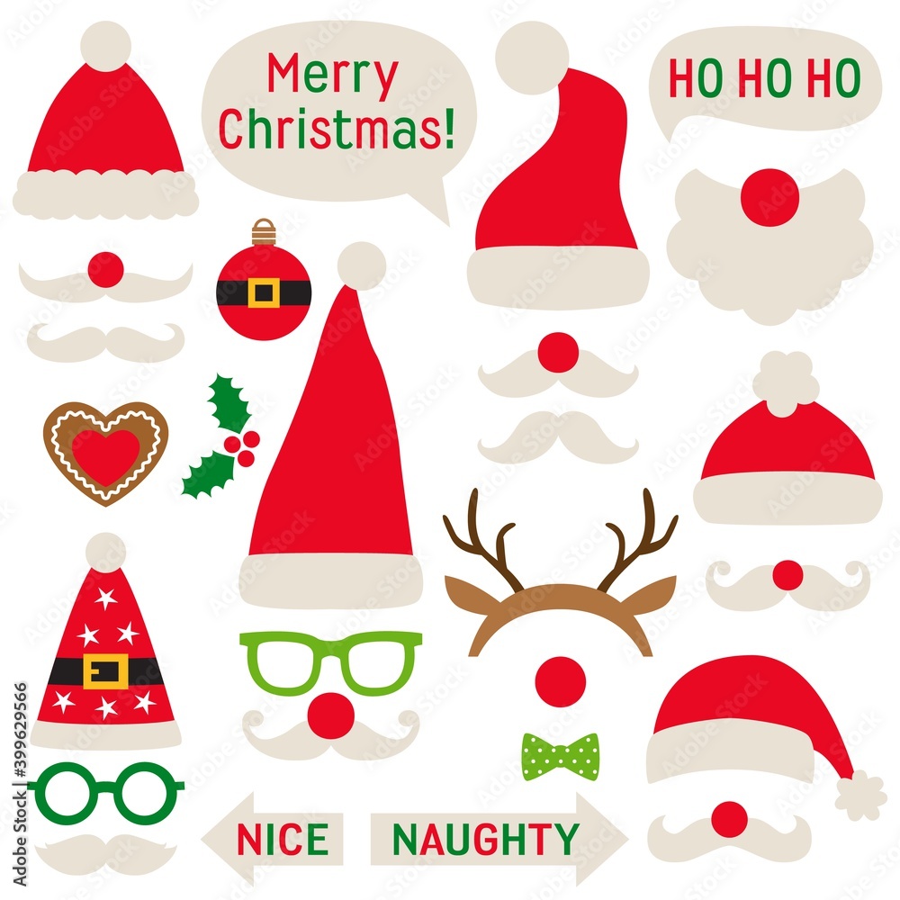 Sticker christmas party props - red santa hats, mustaches, deer horns