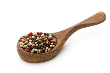 Pepper mix seed on spoon on white background.