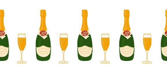2021 New Year celebration seamless vector border. Champagne bottle wearing a face mask repeating pattern. Champagne flute and bottle isolated. 2021 Coronavirus New Year clip art design