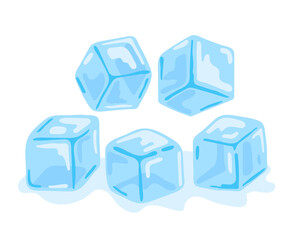 Set of water ice cubes. Transparent blue ice in form of cube. Frozen water in blocks. Refreshing ice cubes for drinking. Vector illustration