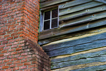 Close up of a section of old settlers cabin