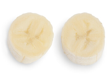 peeled banana pieces isolated on white background with clipping path and full depth of field. Top view. Flat lay.