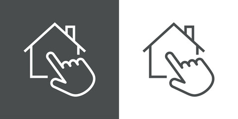 Símbolo domótica. Logotipo con contorno de casa con mano como puntero táctil de ordenador con lineas en fondo gris y fondo blanco