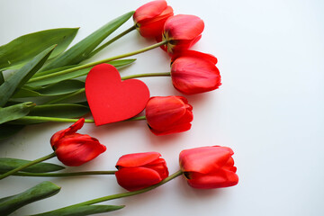 Happy Valentine's Day greeting card. bouquet of red tulips on white background, red heart and space for text