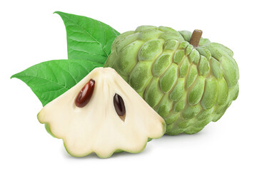 Sugar apple or custard apple isolated on white background with clipping path and full depth of field. Exotic tropical Thai annona or cherimoya fruit