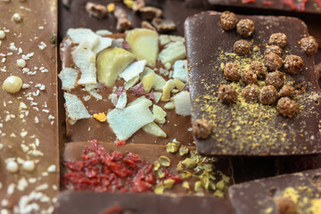 Handmade milk and dark chocolate bars with nuts, herbs and flowers isolated. No people