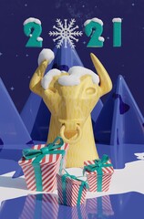 The 2021 is coming! Year of the bull.Winter with cold and snowy weather brings joyful and festive mood to all of us, 3d rendered illustration in 4k.