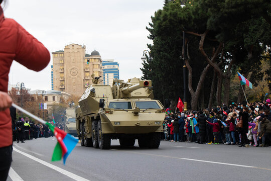 Azerbaijan artillery weapons in the victory parade. 152mm SpGH DANA is a wheeled self-propelled artillery piece. Baku - Azerbaijan: 10 December 2020.