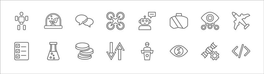 outline set of artificial intelligence line icons. linear vector icons such as artificial atmosphere, speech bubble, robot assistant, bionic eye, aeroplane, check list, science, coins, data