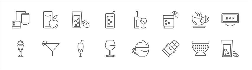 outline set of drinks line icons. linear vector icons such as fruit juice, smoothie, alcohol, tea, bar, absinthe, cosmopolitan, ramos gin fizz, wine, chocolate, lemon juice