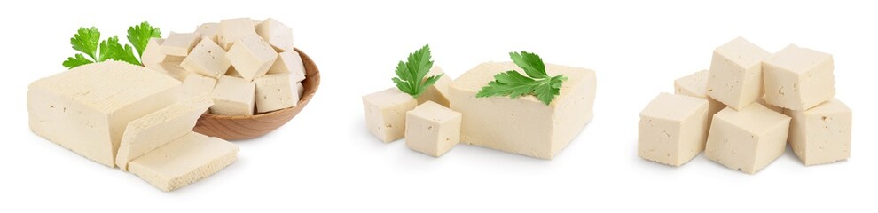 tofu cheese isolated on white background with clipping path and full depth of field, Set or collection