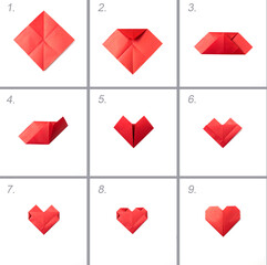 Instructions step by step. Do it yourself at home. Paper heart origami. DIY for Valentines day. Photo instruction