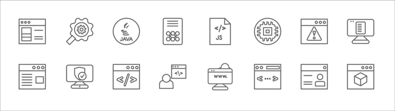 outline set of programming line icons. linear vector icons such as seo tools, java, js, error, article, web page, authorize, clean code, developer, script, simulation