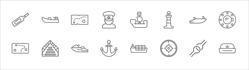 Fototapeta premium outline set of nautical line icons. linear vector icons such as skiff, nautical map, pirate ship, roofless speed boat, boat porthole, treasure map, afterdeck, jetski facing right, anchor, azimuth