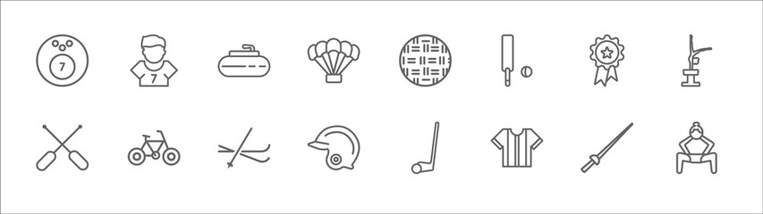 outline set of sport line icons. linear vector icons such as football player, curling, kickball, award, tumbling, rafting, cycling, ski, helmet, football jersey, sumo