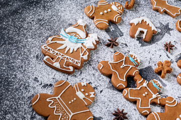 Quarantine from Covid-19. Christmas gingerbread cookies with masks