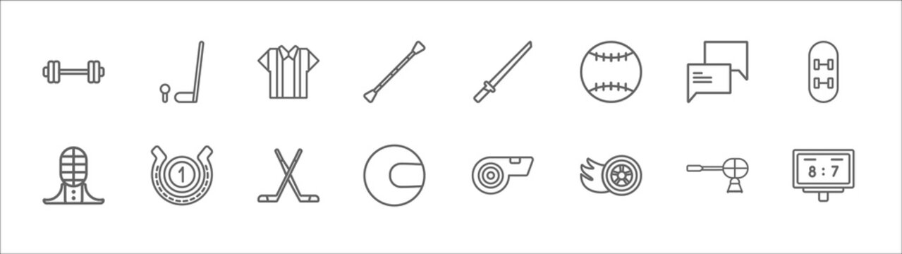 Outline Set Of Sport Line Icons. Linear Vector Icons Such As Golf, Referee, Aikido, Commentator, Diving Sport, Kendo, Horse Racing, Ice Hockey, Tennis Ball, Drifting, Scoreboard