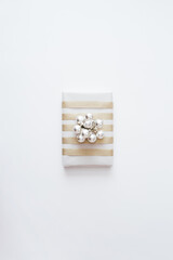 Christmas present and gift on white background. Merry christmas, New Year holiday concept. Flat lay, top view, copy space.