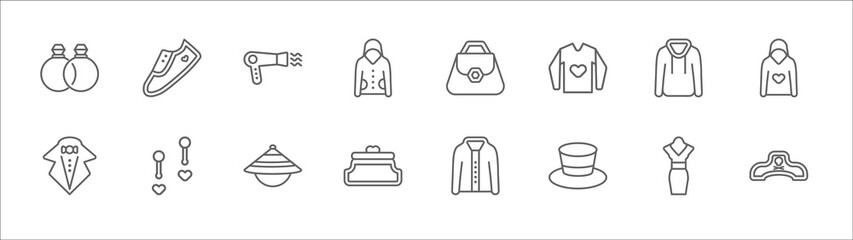 outline set of fashion line icons. linear vector icons such as footwear, drying, purses, sweater with hood, unisex, tux, jewel, samurai japanese hat, feminine fashion handbag for money, cylinder