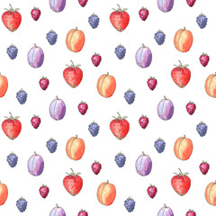  Seamless pattern with summer juicy berries on white isolated background. Watercolor and pen hand-drawn illustration. For wrapping paper, kitchen textile, stationery, fabric and more. 