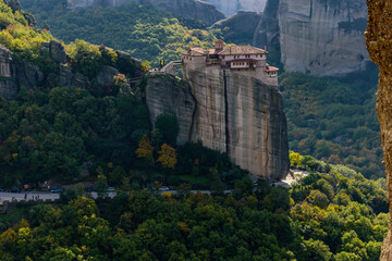 Roussanou monastery, an unesco world heritage site,  located on a unique rock formation  above the village of Kalambaka during fall season.