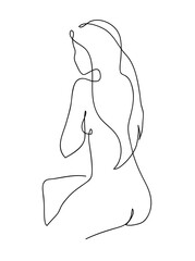 Naked woman with long hair. Line art style. Continuous line drawing vector Illustration.