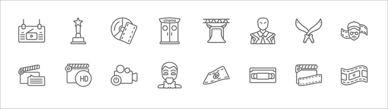 Outline Set Of Cinema Line Icons. Linear Vector Icons Such As Film Award, Dvd, Studio, Machete, Film Director, Subtitle, Hd Movie, Turn On, Ventriloquist, Vhs, Freeze Frame