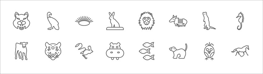 outline set of animals line icons. linear vector icons such as vulture, clam, orangutan, ermine, sea horse, calf, jaguar, jerboa, hippo, ferret, wild horse