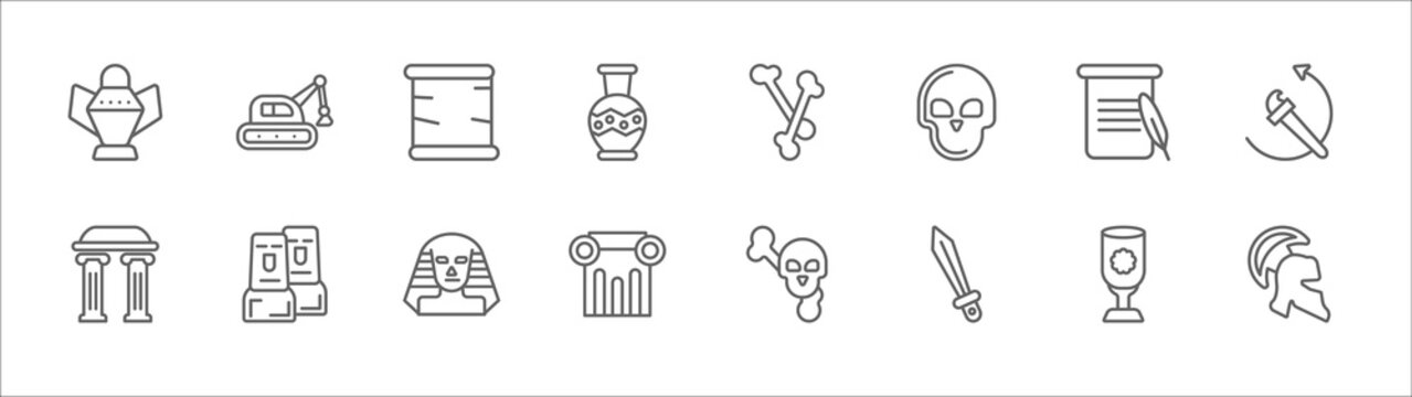 outline set of history line icons. linear vector icons such as digger, old paper, bones, poster, brushes, arc, staff, sphinx, pillars, sword, greek