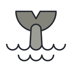 Tail of large whale or shark diving into ocean concept. Flat icon illustration.