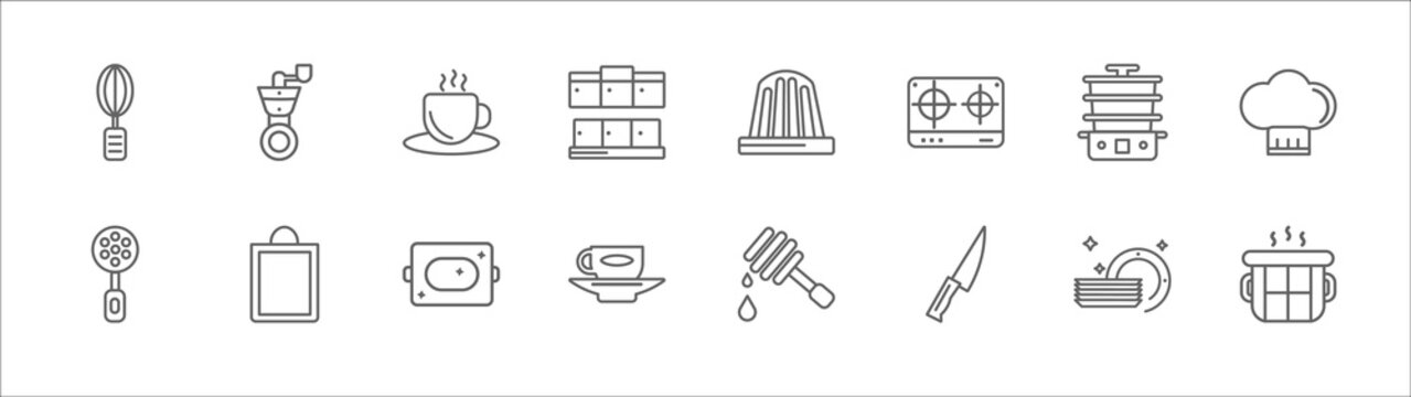 outline set of kitchen line icons. linear vector icons such as coffee grinder, tea cup, molded, steamer, chef hat, skimmer, kitchen board, tray, saucer, steak knife, cooking pot