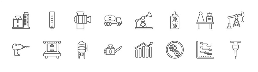 outline set of industry line icons. linear vector icons such as thermometer, pump, oil pump, oil platform, pumpjack, drill, machine press, water tank, oiler, mechanism, drilling machine
