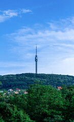 Obraz premium Avala mountain in Belgrade, Serbia with blue sky and white clouds. Summer day at the mountain.