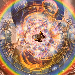 Angels, butterfly and medieval astronomical clock. 3D rendering