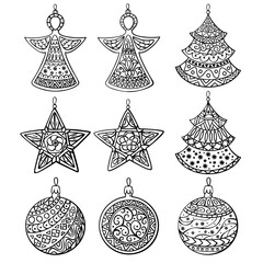 Set of hand-drawn christmas baubles. Christmas tree toys vector illustration . - 399640147