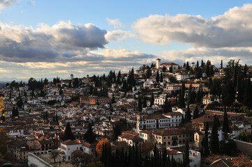 Panoramic view on Albayzin Granada with clouds, Andalusia, Spain in December 2020